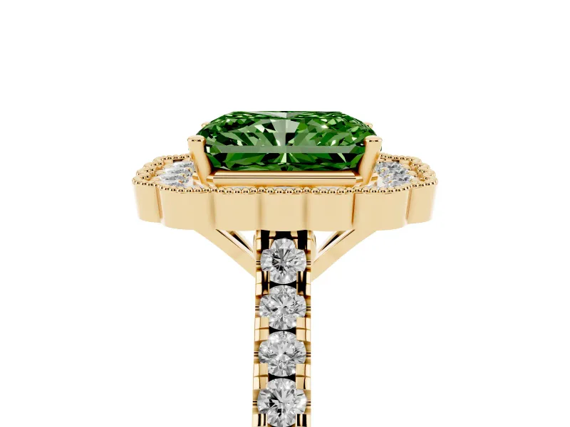 Radiant Cut Milgrain Floral Halo Engagement Ring Setting for a Fancy Green Lab-Grown Diamond | Pavé Band | Yellow Gold