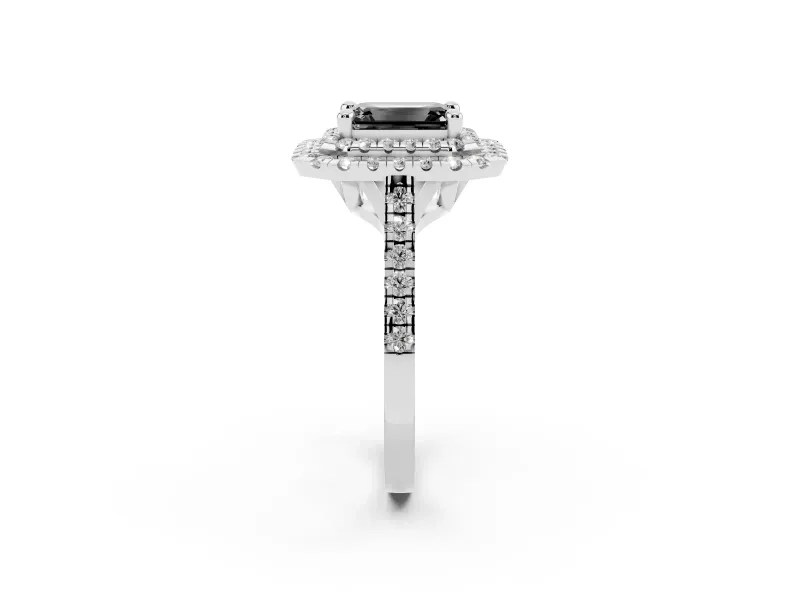 Fancy Black Emerald Cut Diamond Double Halo Statement Ring Set in Silver with Pavé Band