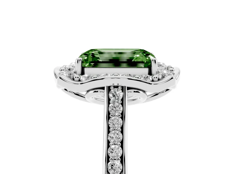 Emerald Cut Halo Engagement Ring Setting for a Fancy Green Lab-Grown Diamond | Petal Tips | Platinum
