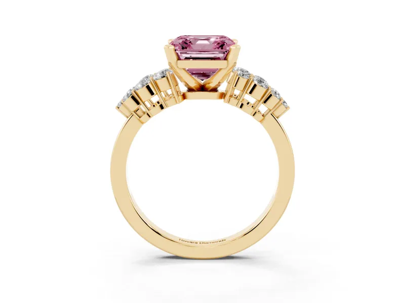 Fancy Pink Asscher Cut Diamond Cluster Engagement Ring Set in Yellow gold with Pavé Band and Prong Setting