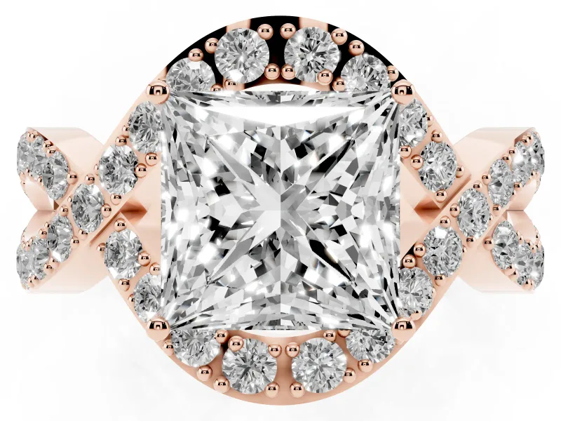 Princess Cut Diamond Solitaire Twist Band Pavé Engagement Ring Set in Rose gold