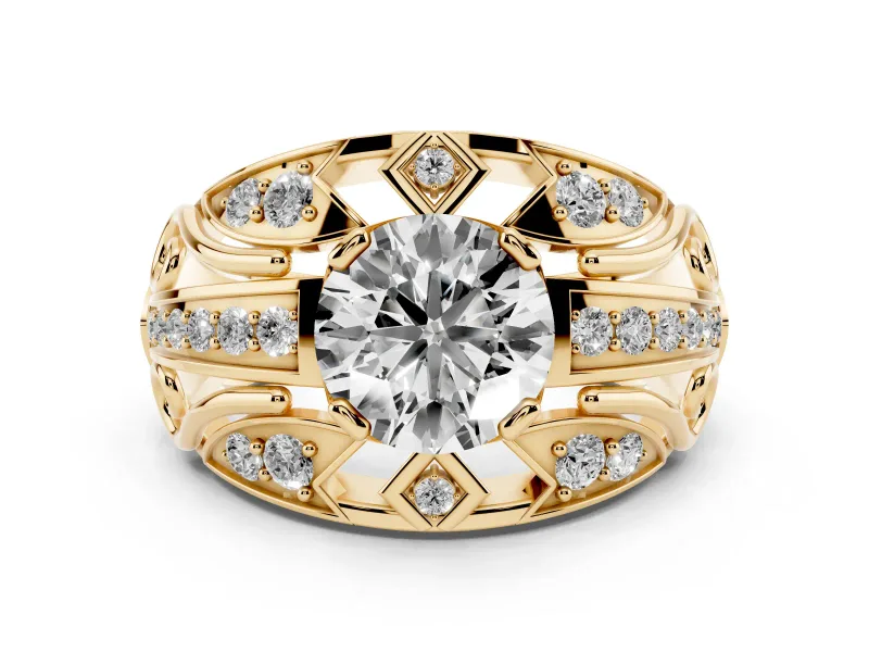 Round Cut Diamond Art Deco Ring Set in Yellow gold with Pavé Split Shank