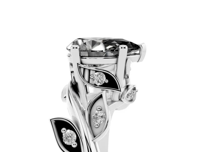 Fancy Black Pear Cut Diamond Solitaire Twist Engagement Ring Set in White gold with Pavé Leaf Accents