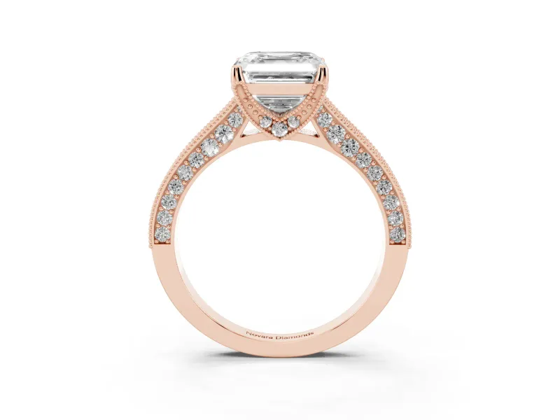Asscher Cut Vintage Hidden Halo Engagement Ring Setting | Milgrain Pave Band | Rose Gold