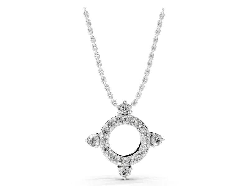 Round Lab-Grown Diamond Pavé Open Circle Pendant Necklace | Compass Accents | Sterling Silver