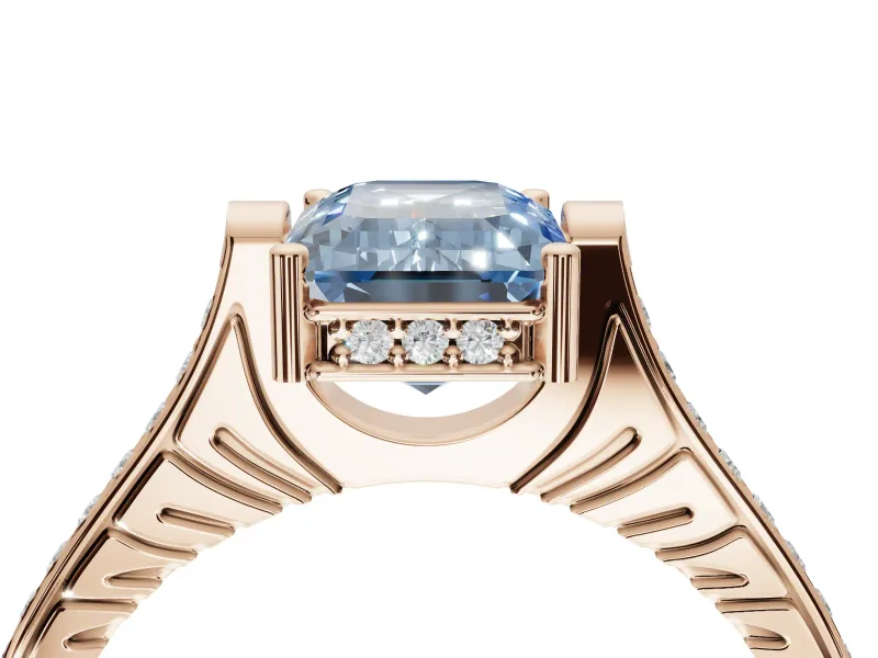 Emerald Cut Vintage Cathedral Engagement Ring Setting for a Fancy Blue Lab-Grown Diamond | Carved Band | Rose Gold