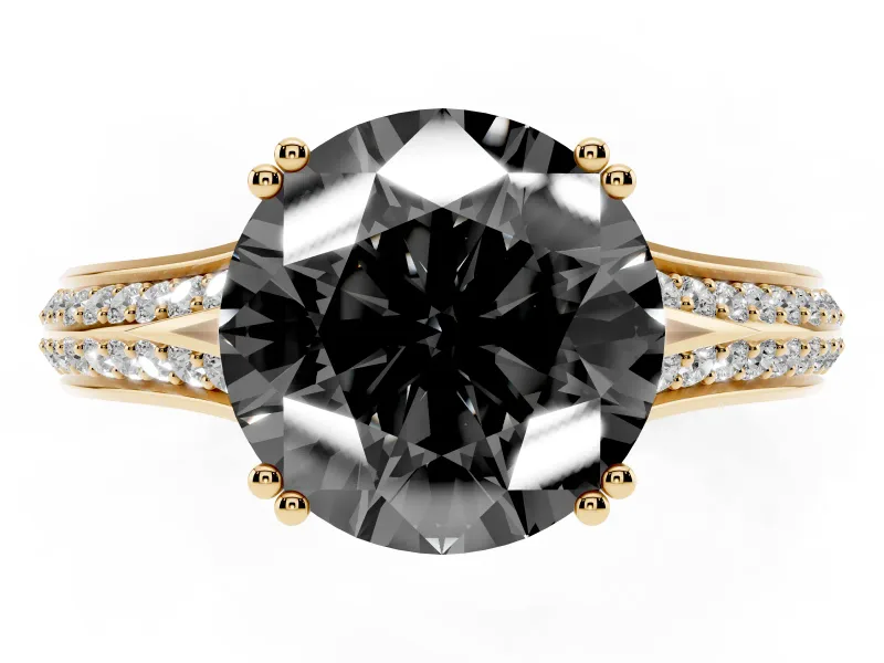 Round Pavé Split Shank Engagement Ring Setting for a Black Center | Double Claw Prongs | Yellow Gold
