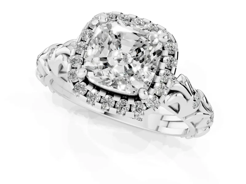 Cushion Cut Filigree Leaf Halo Engagement Ring Setting | Bezel Leaf Accents | White Gold