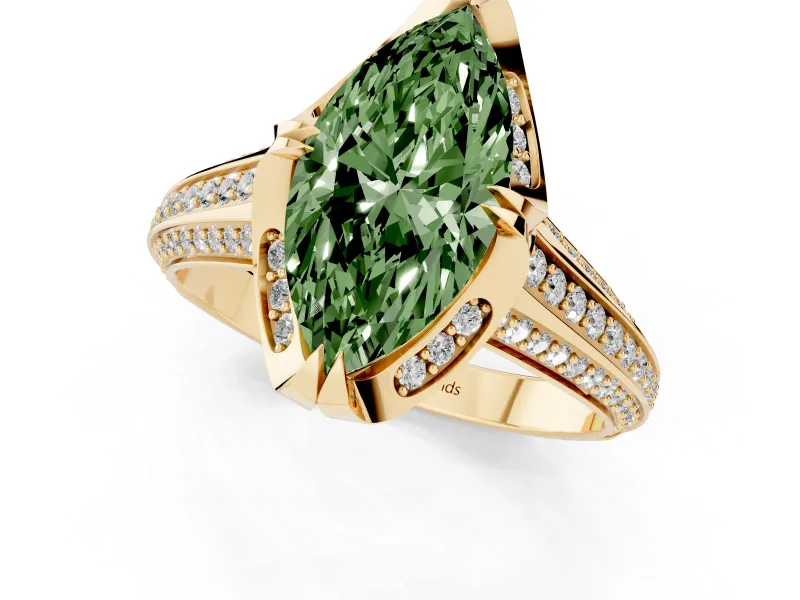 Fancy Green Marquise Cut Diamond Pavé Split Shank Solitaire Ring Set in Yellow gold with Prong Setting