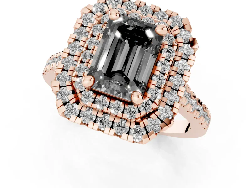 Fancy Black Emerald Cut Diamond Double Halo Statement Ring Set in Rose gold with Pavé Band