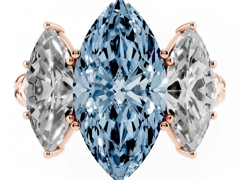 Fancy Blue Marquise Cut Diamond Three-Stone Ring Set in Rose gold with Braided Band