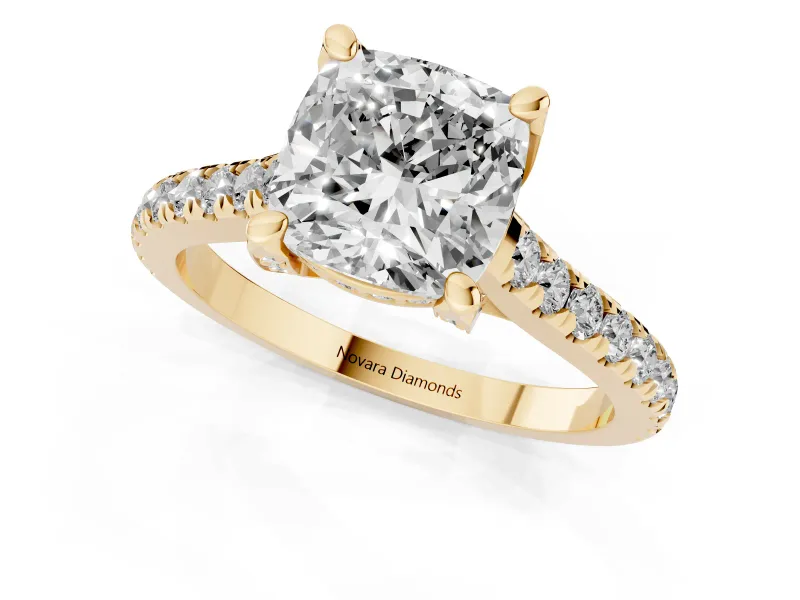 Cushion Cut Hidden Halo Pave Engagement Ring Setting | Claw Prongs | Yellow Gold