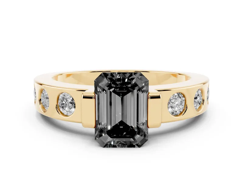 Fancy Black Emerald Cut Diamond Channel-Set Band Ring Set in Yellow gold with Bezel Prong Setting