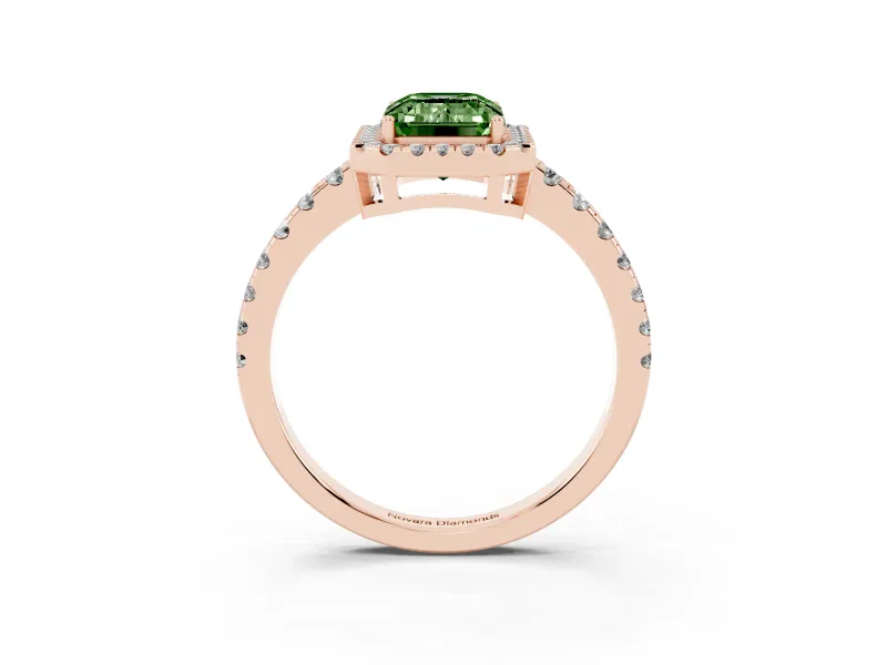 Fancy Green Emerald Cut Diamond Halo Ring Set in Rose gold with Delicate Pavé Band and Prong Setting