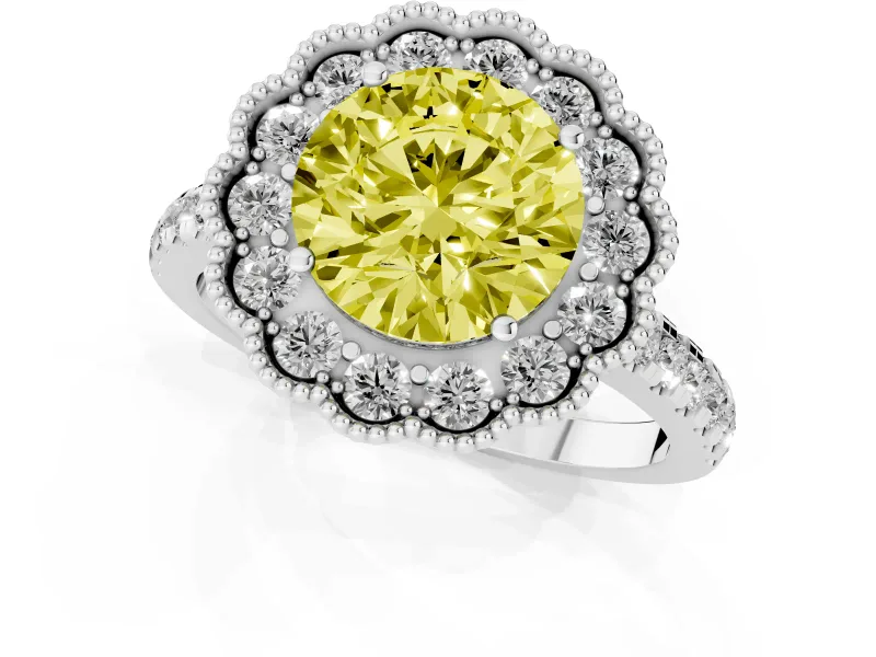 Fancy Yellow Round Cut Diamond Milgrain Floral Halo Engagement Ring Set in Silver with Pavé Band