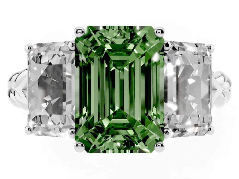 Fancy Green Emerald Cut Diamond Three-Stone Ring Set in Silver with Braided Band