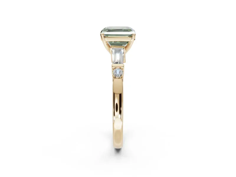 Asscher Cut Tapered Baguette Engagement Ring Setting for a Fancy Green Lab-Grown Diamond | Bar Set Sides | Yellow Gold