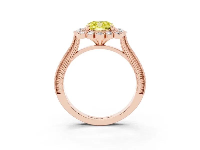 Fancy Yellow Cushion Cut Diamond Halo Milgrain Pavé Ring Set in Rose gold with Prong Setting