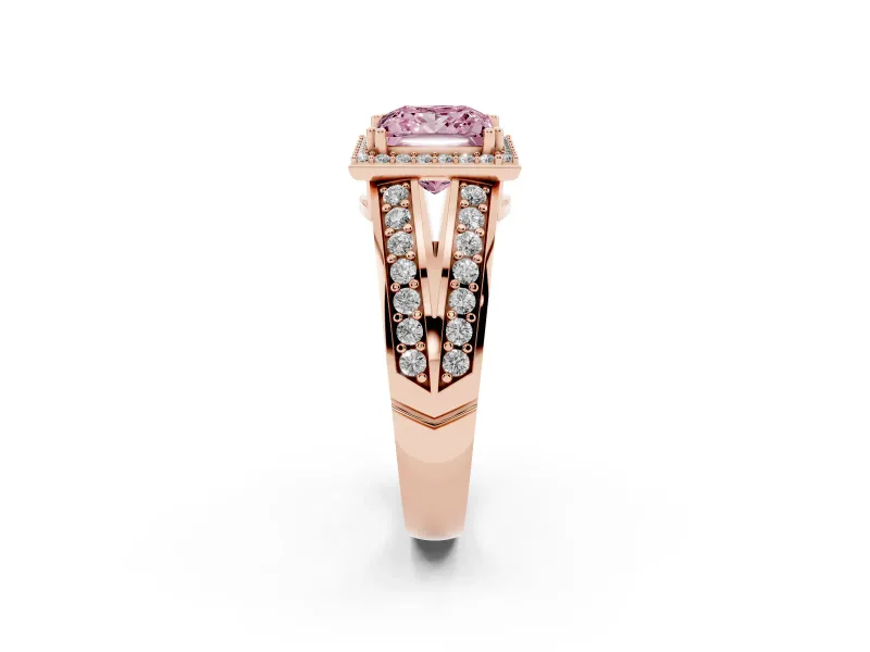 Princess Cut Halo Engagement Ring Setting for a Fancy Pink Lab-Grown Diamond | Two-Row Pave Split Shank | Rose Gold