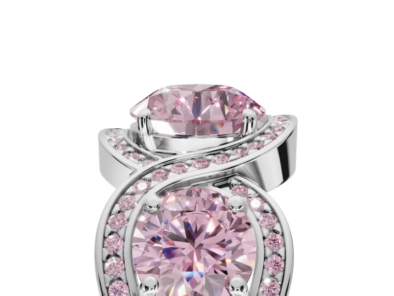 Round Three Stone Halo Engagement Ring Setting for a Fancy Pink Lab-Grown Diamond | Pavé Wave Band | Sterling Silver