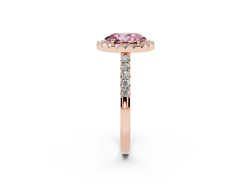 Fancy Pink Oval Cut Diamond Halo Pavé Solitaire Ring Set in Rose gold with Prong-Set Center Stone