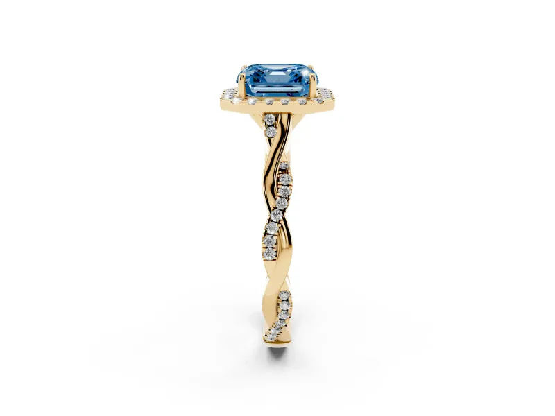 Asscher Cut Twist Halo Engagement Ring Setting for a Fancy Blue Lab-Grown Diamond | Yellow Gold