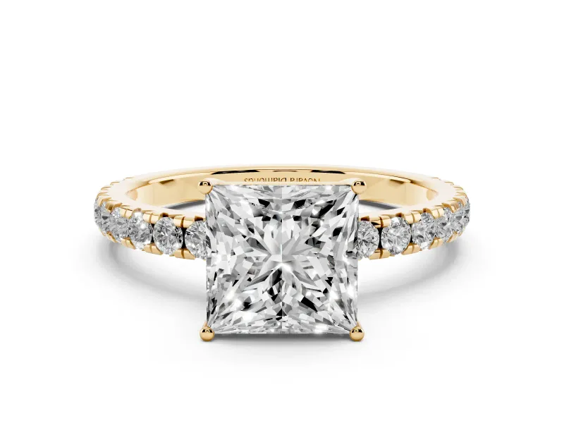 Princess Cut Diamond Pavé Solitaire Engagement Ring Set in Yellow gold with Prong Setting