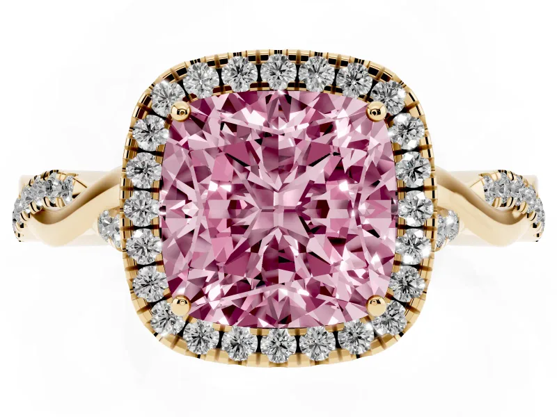 Cushion Cut Twist Halo Engagement Ring Setting for a Fancy Pink Lab-Grown Diamond | Yellow Gold