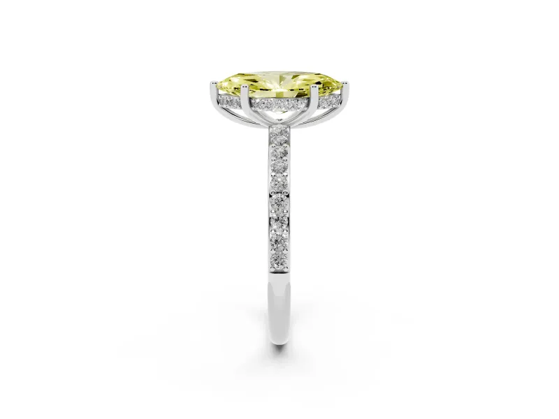 Fancy Yellow Marquise Cut Diamond Pavé Band Ring Set in White gold with Prong-Set Center Stone