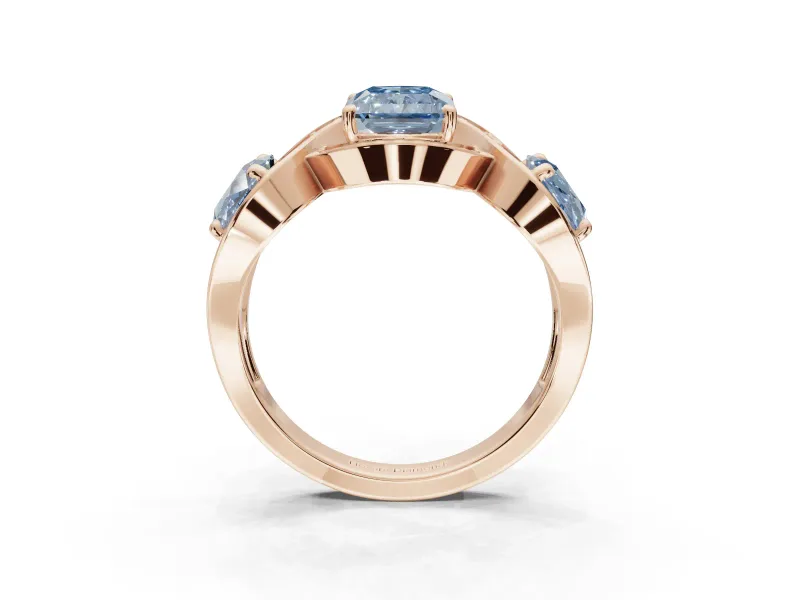 Radiant Cut Three Stone Halo Engagement Ring Setting for a Fancy Blue Lab-Grown Diamond | Pavé Wave Band | Rose Gold