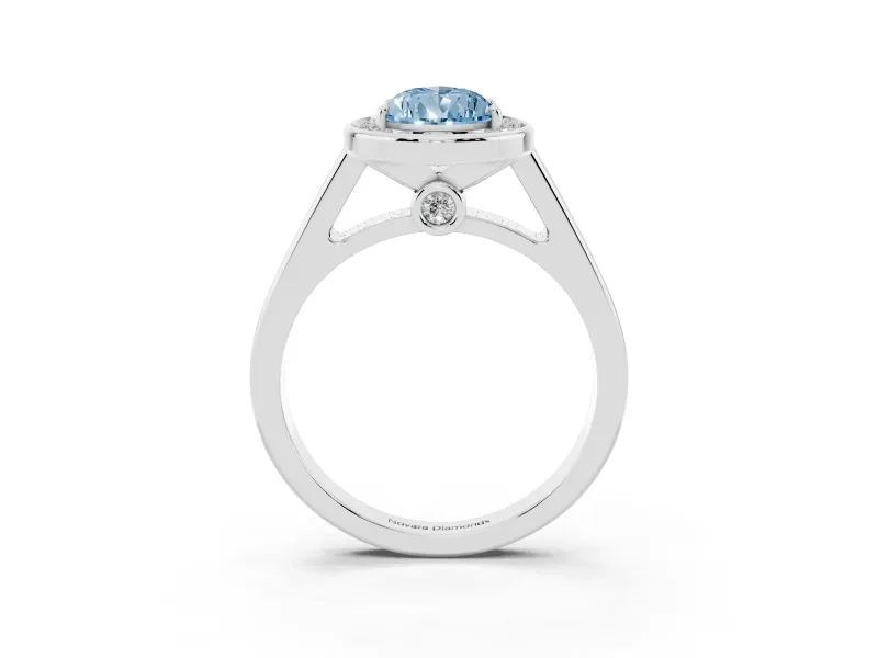 Fancy Blue Pear Cut Diamond Halo Solitaire Ring Set in Platinum with Pavé Band and Bezel Setting