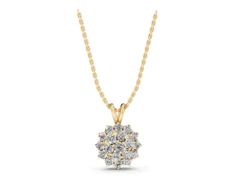 Round Lab-Grown Diamond Rosette Cluster Pendant Necklace | Double-Wire Bail | Yellow Gold