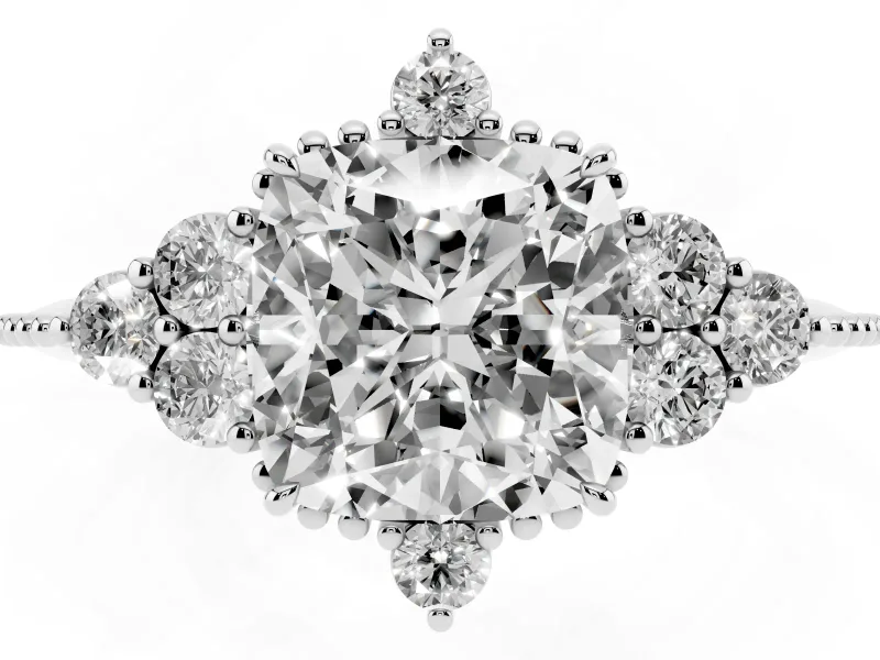 Cushion Cut Vintage Cluster Engagement Ring Setting | Beaded Edges | White Gold