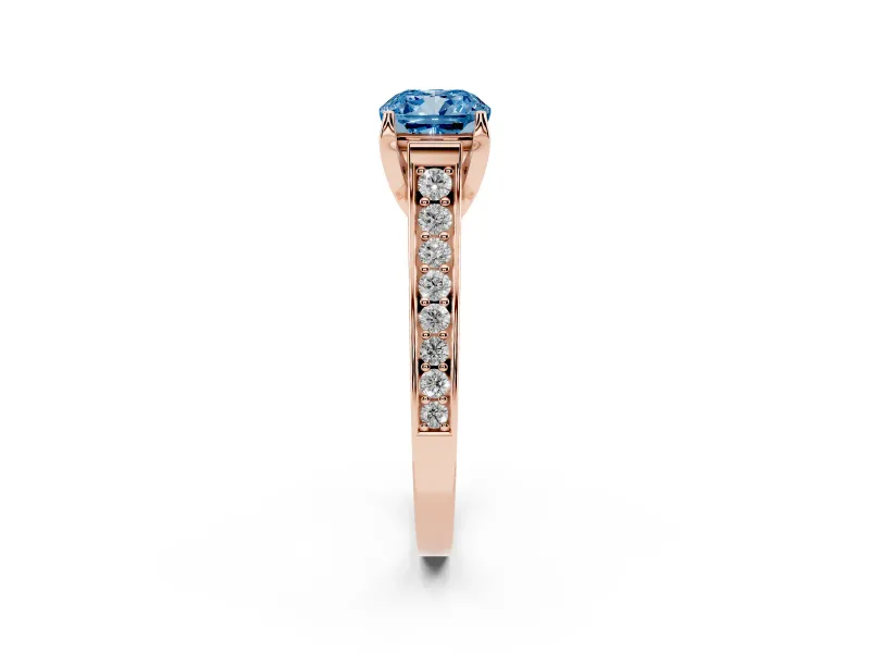 Fancy Blue Cushion Cut Diamond Solitaire Pavé Engagement Ring Set in Rose gold with Prong Setting