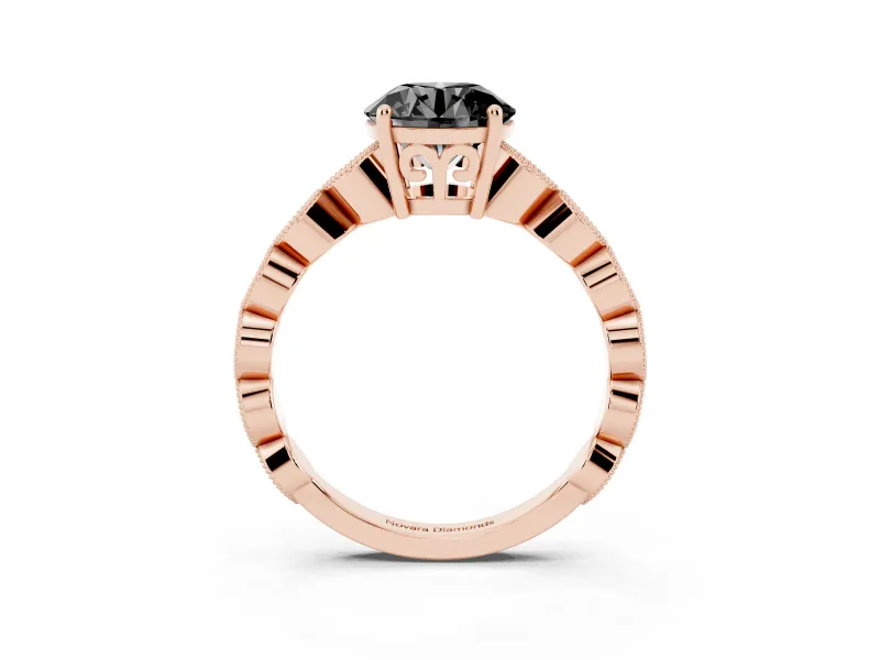 Fancy Black Round Cut Diamond Solitaire Ring Set in Rose gold with Infinity Twist Pavé Band