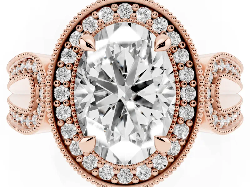 Oval Vintage Milgrain Halo Engagement Ring Setting | Open Loop Pave Shoulders | Rose Gold