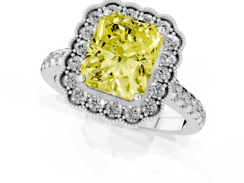 Fancy Yellow Radiant Cut Diamond Milgrain Floral Halo Engagement Ring Set in Platinum with Pavé Band