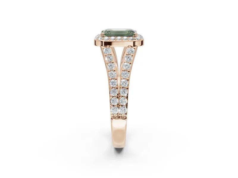 Emerald Cut Halo Pavé Engagement Ring Setting for a Fancy Green Lab-Grown Diamond | Narrow Split Shank | Rose Gold