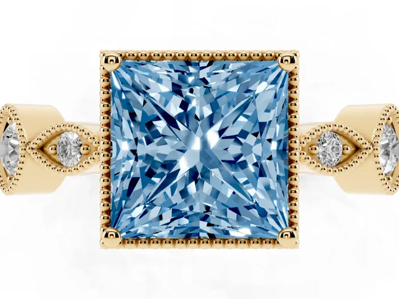 Fancy Blue Princess Cut Diamond Vintage-Inspired Milgrain Ring Set in Yellow gold with Marquise Stations of Round Accents