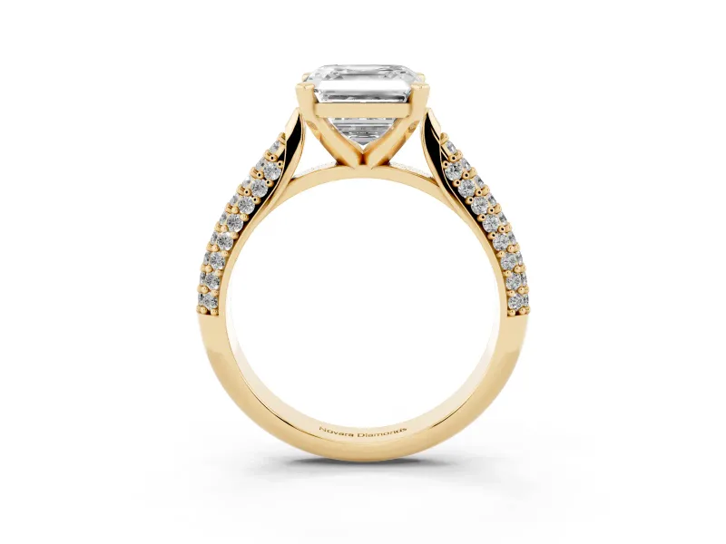 Asscher Cut Pavé Solitaire Engagement Ring Setting | Multi-Row Shoulders | Yellow Gold