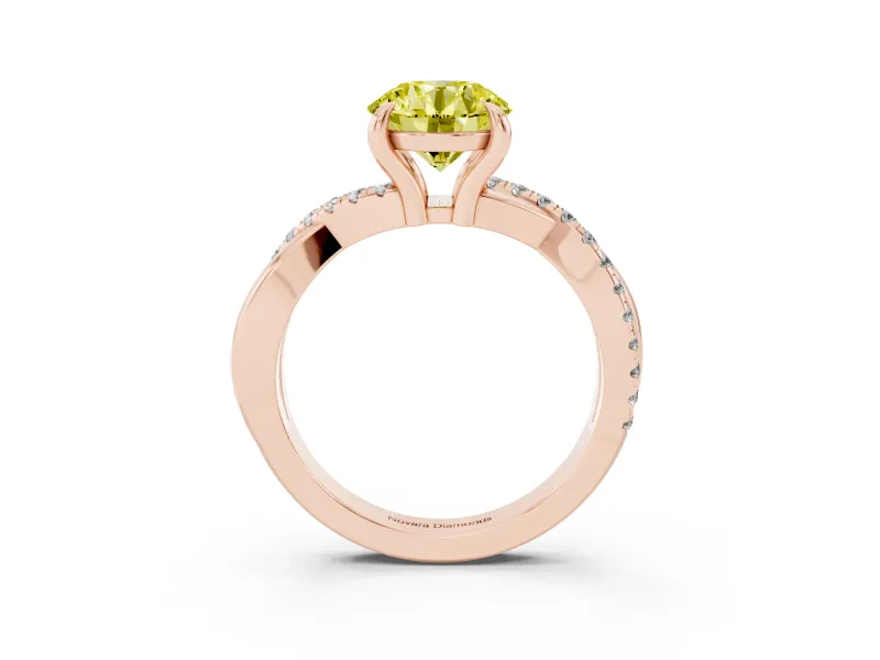 Fancy Yellow Round Cut Diamond Twist Band Solitaire Set in Rose gold with Pavé Accents and Prong Setting