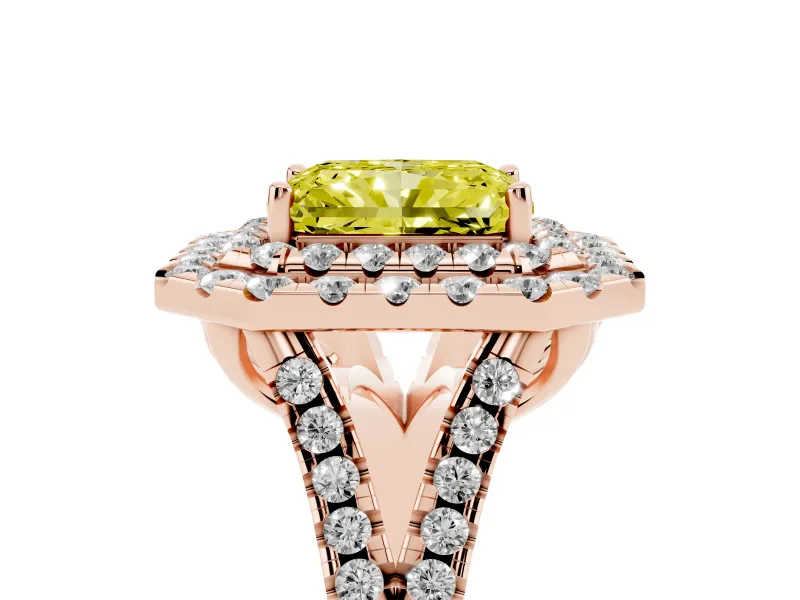 Radiant Cut Halo Split Shank Engagement Ring Setting for a Fancy Yellow Lab-Grown Diamond | Pavé Strands | Rose Gold