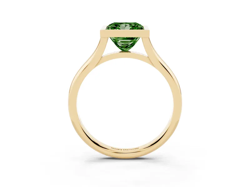 Fancy Green Bezel Set Princess Cut Diamond Solitaire Ring Set in Yellow gold with Tapered Band