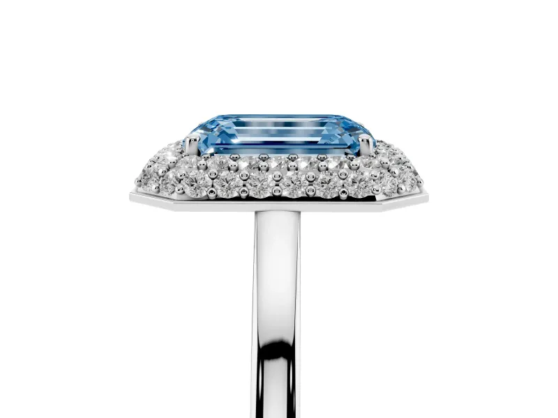 Fancy Blue Emerald Cut Diamond Halo Engagement Ring Set in White gold with Solitaire Band and Prong Setting