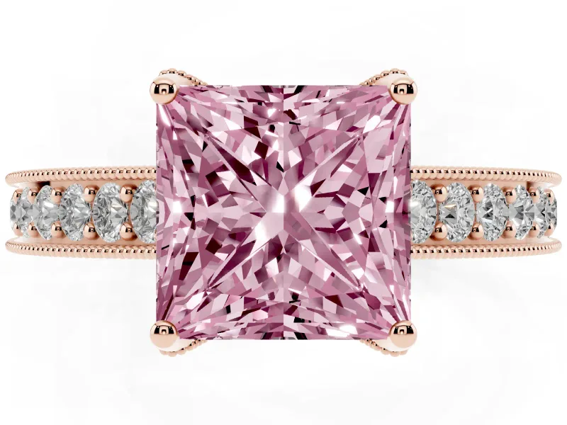 Princess Cut Hidden Halo Engagement Ring Setting for a Fancy Pink Lab-Grown Diamond | Milgrain Pave | Rose Gold