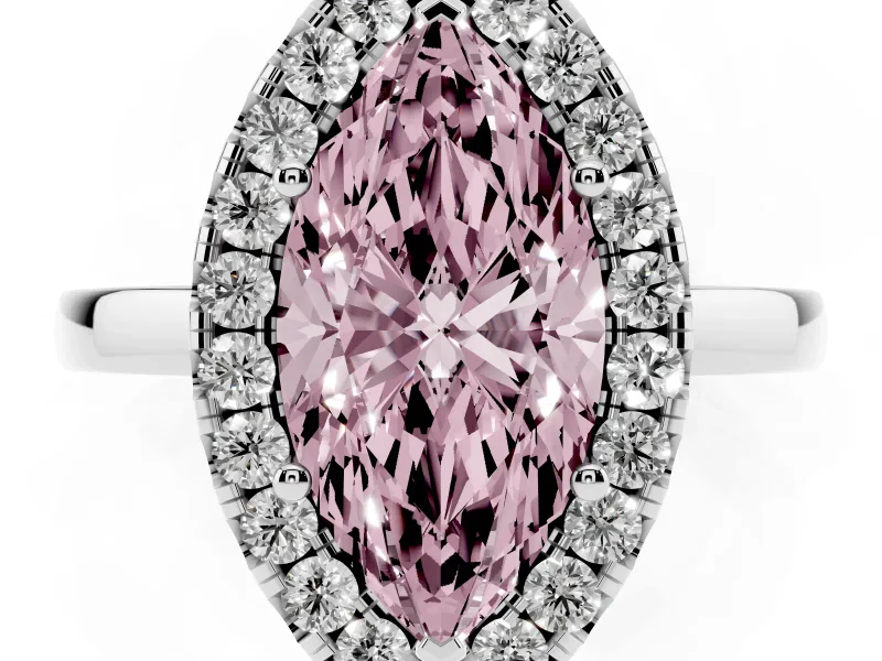 Fancy Pink Marquise Cut Diamond Halo Solitaire Ring Set in White gold with Pavé Band and Prong Setting
