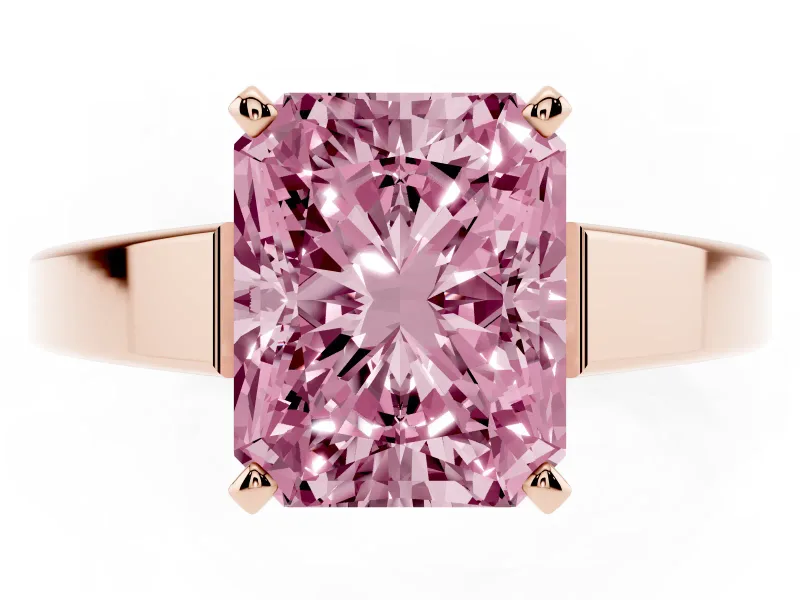 Fancy Pink Radiant Cut Diamond Solitaire Engagement Ring Set in Rose gold with Prong Setting and Tapered Band