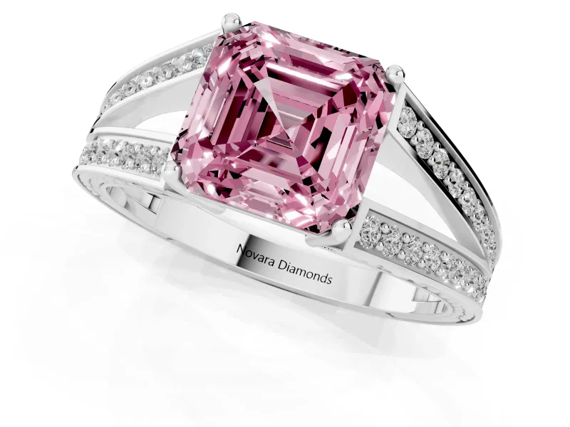 Fancy Pink Asscher Cut Diamond Split Shank Ring Set in Silver with Pavé Band and Prong Setting