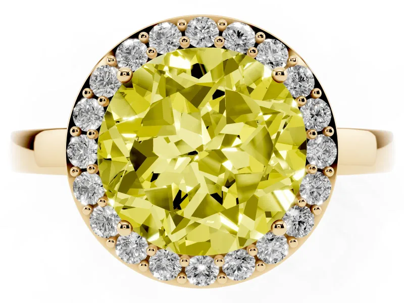 Fancy Yellow Round Cut Diamond Halo Ring Set in Yellow gold with Solitaire Band and Prong Setting