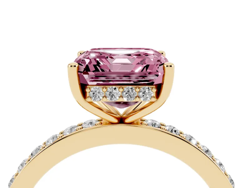 Fancy Pink Asscher Cut Diamond Pavé Band Ring Set in Yellow gold with Prong-Set Center Stone